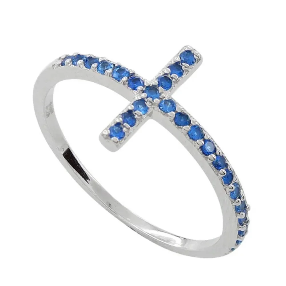 925 Sterling Silver Cross Ring Blue Sapphire CZ Band Sideways Faith Jewelry NEW